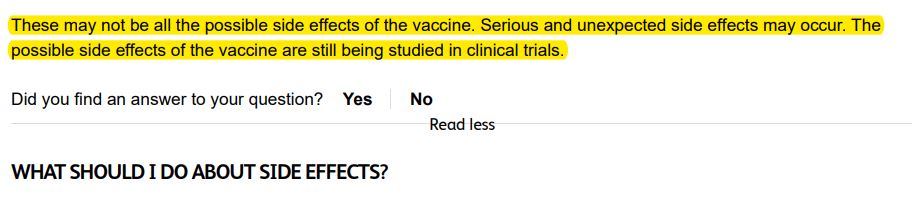 https://twpter.com/users/Quoteman/feed/2021-0906-1024-1811-f-Quoteman.pdf -   Evidence:            Dangerous, Toxic, EXPERIMENTAL Vaccine with still unknown side effects.            Comirnaty (COVID-19 Vaccine, mRNA) WHAT IS COVID-19_ (Pfizer-BioNTech COVID-19 Vaccine) _ Pfizer Medical Information - US            https://www.pfizermedicalinformation.com/en-us/patient/pfizer-biontech-covid-19-vaccine?section=what-is-covid-19            Page 5 of PDF:            " These may not be all the possible side effects of the vaccine. Serious and unexpected side effects may occur. The possible side effects of the vaccine are still being studied in clinical trials. "  #ArchivePDF       #CovidTrials       
