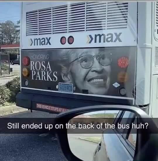   Honoring Rosa Parks: Still ended up on the back of the bus huh?             #Niggaz #BLM  #irony  #TooFunny             If you take away the affirmative action, the race quotas and all of the other systemic reverse discrimination to created to boost blacks and other minorities into positions they could never achieve by merit, where do you think they will all end up?      