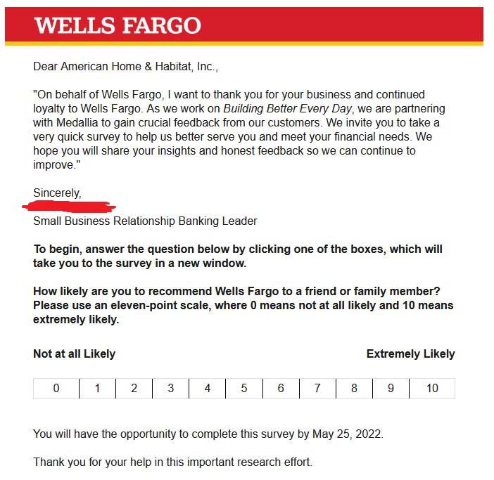   Our response to an e-mail survey (pictured above) sent to us by our bank: Wells Fargo             https://www.wellsfargo.com/            Wells Fargo is a decent bank, it is large and convenient and does not charge me that much in fees.            However, I don't like the fact that Wells Fargo is owned by Vanguard Group and Blackrock            https://finance.yahoo.com/quote/WFC/holders?p=WFC            Blackrock's CEO,  Laurence D. Fink            https://www.weforum.org/agenda/authors/larry-fink            Sits on the board of the World Economic Forum along with Klaus Schwab who thinks that we “Serfs” should “Own Nothing and Be Happy” while this group of Technocratic Oligarchs plan on orchestrating every aspect of our lives using a “Great Reset” to crash the economy.            https://www.weforum.org/focus/the-great-reset            More information here:            https://twpter.com/hash/?tag=BlackRock             #TechnocraticOligarchy  #BlackRock  #KlausSchwab  #WEF  #TheGreatReset       