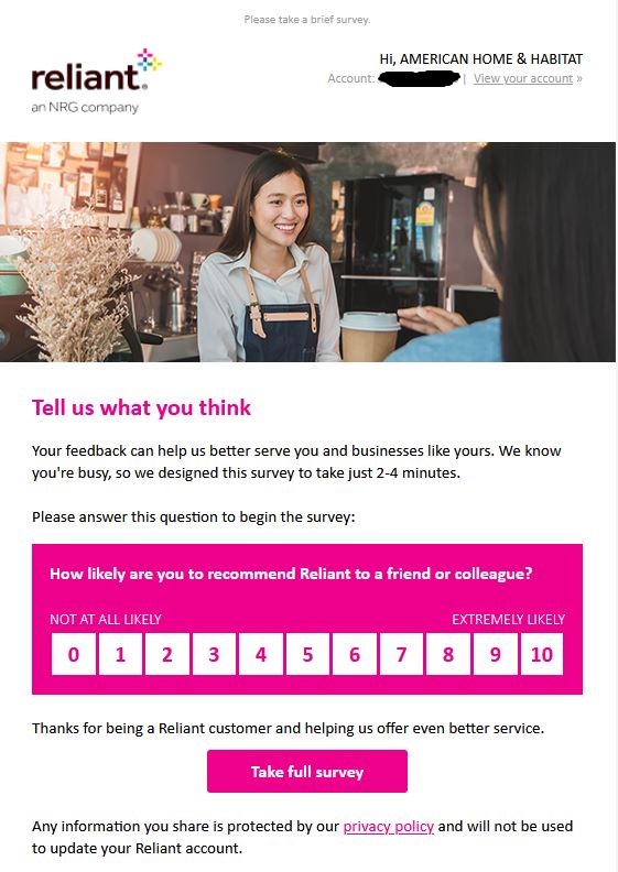   Response to Survey that Reliant Energy sent our company by e-mail:            https://www.reliant.com/      https://www.centerpointenergy.com/en-us/            Reliant (Centerpoint Energy Inc) is a decent electric company I suppose. It provides reliable service and gives us decent rates.            However, I don't like the fact that Reliant (Centerpoint Energy Inc)  is owned by Vanguard Group and Blackrock            https://finance.yahoo.com/quote/CNP/holders?p=CNP            Blackrock's CEO, Laurence D. Fink            https://www.weforum.org/agenda/authors/larry-fink            Sits on the board of the World Economic Forum along with Klaus Schwab who thinks that we “Serfs” should “Own Nothing and Be Happy” while this group of Technocratic Oligarchs plan on orchestrating every aspect of our lives using a “Great Reset” to crash the economy.            https://www.weforum.org/focus/the-great-reset            More information here:            https://twpter.com/hash/?tag=BlackRock            #TechnocraticOligarchy #BlackRock #KlausSchwab #WEF #TheGreatReset       