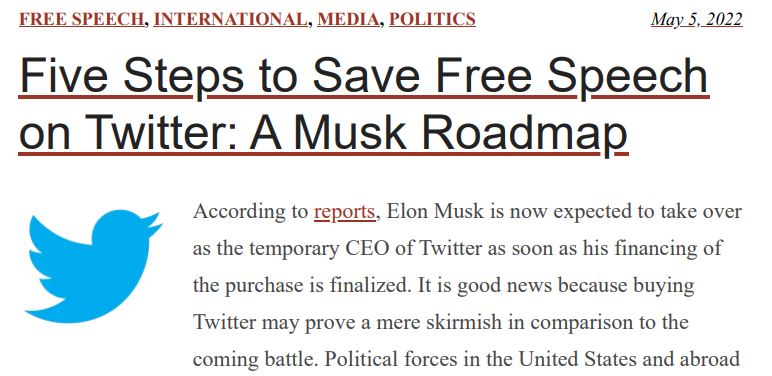 https://twpter.com/users/cali/feed/2022-0506-0911-1665-f-cali.pdf -   PDF: Five Steps to Save Free Speech on Twitter_ A Musk Roadmap – JONATHAN TURLEY                  This needs to be on file. Sounds like Musk as the new owner & CEO of twitter.com is seeking to adopt  the same "First Amendment standard" for  #FreeSpeech that twpter.com was founded on, in our  response to the prior censorship and shadow banning on that mainstream social media platform.             #MinistryOfTruth  #MainstreamMedia        #ArchivePDF       