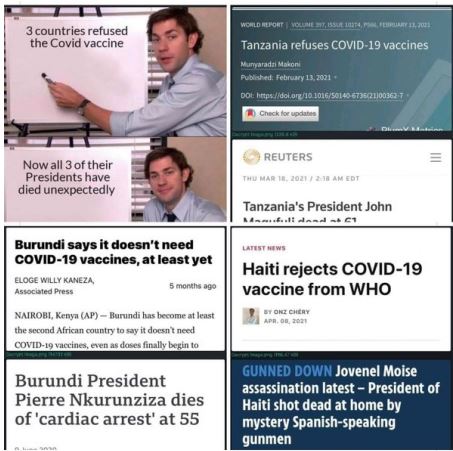 https://twpter.com/users/phoneguy/feed/2021-0711-1654-1602-f-phoneguy.pdf -   This shit is getting spooky now:            The US Government's puppet propaganda outlet: cnn.com      is now floating the idea of making Covid vaccines mandatory.            https://summit.news/2021/07/09/video-cnn-doctor-says-its-time-to-start-mandating-covid-vaccines/             And            “There are only three (3) countries on this planet whose government officials refused to accept the COVID-19 vaccine from the World Health Organization: Burundi, Tanzania, and Haiti.            The officials in those countries who declined the vax were Presidents in each of those countries.      All three of those Presidents are now DEAD. ”             - https://stateofthenation.co/?p=73313             Think about that. There is a possibility that the presidents of these three countries were assassinated because they were against the Covid vaccine.             People better make it a point to wake up from this stupor they are in, otherwise the future does not look bright for humanity and life as we know it.            #covid #COVID #Covid #COVID19 #jab #LockDown      #lockdown #vaccine #VACCINE #VACCINE      #LockDown      