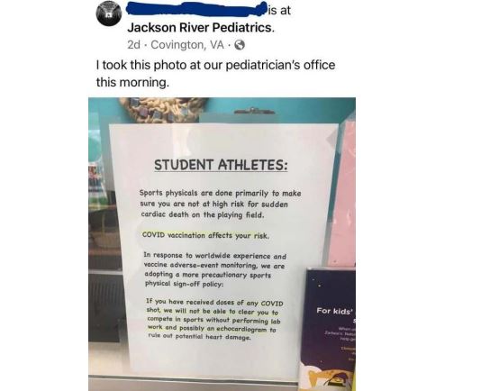https://twpter.com/users/phoneguy/feed/2022-0315-1215-2868-f-phoneguy.pdf -   PDF:             Sign at Virginia Pediatrics Office to Student Athletes: “COVID Vaccination Affects Your Heart – If You Received Doses of Any COVID Shot” We Will Not Clear You “Without Lab Work”                  Apparently the truth about the toxicity and all too common, dangerous side effects of the #COVID  #vaccine are trickling out from credible sources in an effort to reduce civil liability for known heart problems caused by the covid vaccine that may make participation in sports and intense physical activity deadly for people who got the   #jab  #ArchivePDF       #CovidTrials       