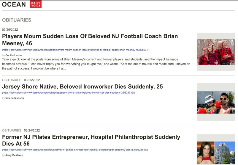https://twpter.com/users/phoneguy/feed/2022-0331-1041-4018-f-phoneguy.pdf -   PDF - Obituaries  Ocean Daily Voice  #NewJersey             Wow! So many of these Obituaries are people in their 20s & 30s who "died expectantly". Does anyone remember when obituaries were mostly people in their 60s, 70s & much older?            I wonder how many of these people died from Pfizer Covid #vaccine complications.            This may just be the tip of the iceberg, I think we are going to see a much bigger "unexpected" die-off" of young, healthy people (as in healthy prior to receiving the covid vaccination)            Still too early to 100% claim that this is population reduction or mass genocide by Bureaucratic Administration, but it is starting to look this way.            Seriously, any insurance actuary will tell you that this number of young people dying "unexpectedly" all at once is not statistically normal.            "Blind faith in your leaders, or in anything, will get you killed. " - Bruce Springsteen             #ArchivePDF       #CovidTrials       
