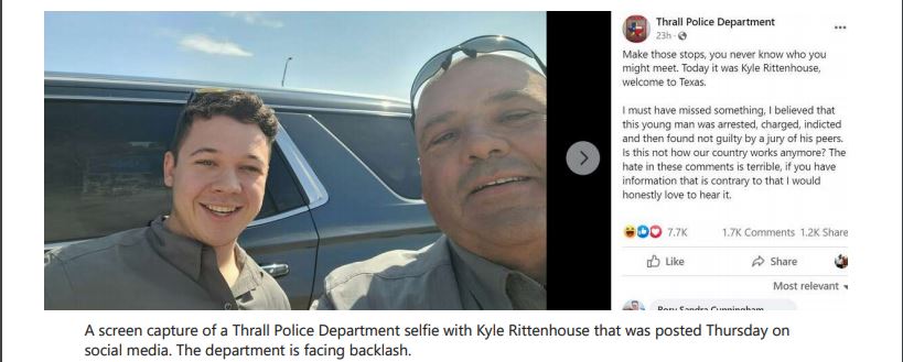 https://twpter.com/users/tex/feed/2022-0817-0640-1428-f-tex.pdf -   PDF: Kyle Rittenhouse selfie with Texas police officer sparks backlash            On behalf of TWPTER.COM I would like to welcome Kyle Rittenhouse to the great state of  #Texas             Kyle Rittenhouse says he will attend Blinn College, transfer to Texas A&M            https://www.houstonchronicle.com/news/houston-texas/education/article/Kyle-Rittenhouse-says-he-will-attend-Blinn-17223154.php                  Here in Texas, we respect the legitimate right of the people of self defense.            https://apnews.com/article/jury-finds-kyle-rittenhouse-not-guilty-in-kenosha-shootings-27f812ba532d65c044617483c915e4de            https://www.nytimes.com/live/2021/11/19/us/kyle-rittenhouse-trial            https://abcnews.go.com/US/jury-reaches-verdict-kyle-rittenhouse-homicide-trial/story?id=81108654             #ArchivePDF       
