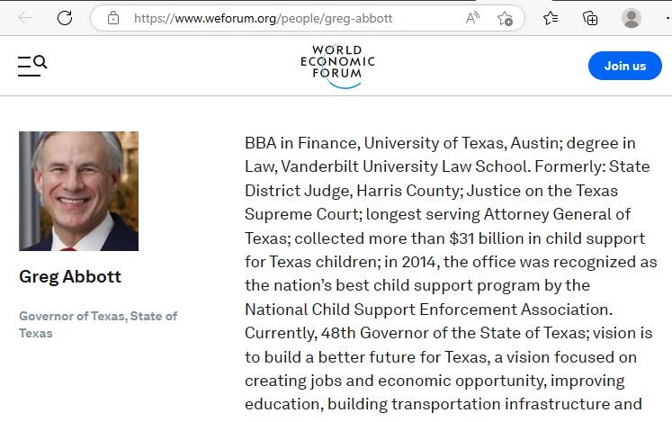 https://twpter.com/users/tex/feed/2023-0419-0757-3532-f-tex.pdf -   PDF - Greg Abbott _ World Economic Forum                  I couldn't believe it when I saw it, but there it is. Greg Abbott, Governor of the great state of        #Texas is a member of the #KlausSchwab 's  #Globalist #WEF (World Economic Forum)            Is there no elected official with any real power who is NOT a part of the #Multinational Problem?            There is no redemption for the World Economic Forum, EVERYTHING coming out of that organization is the complete opposite of national independence, I am very disappointed to hear that our governor is a member of this Globalist Cabal. #ArchivePDF       